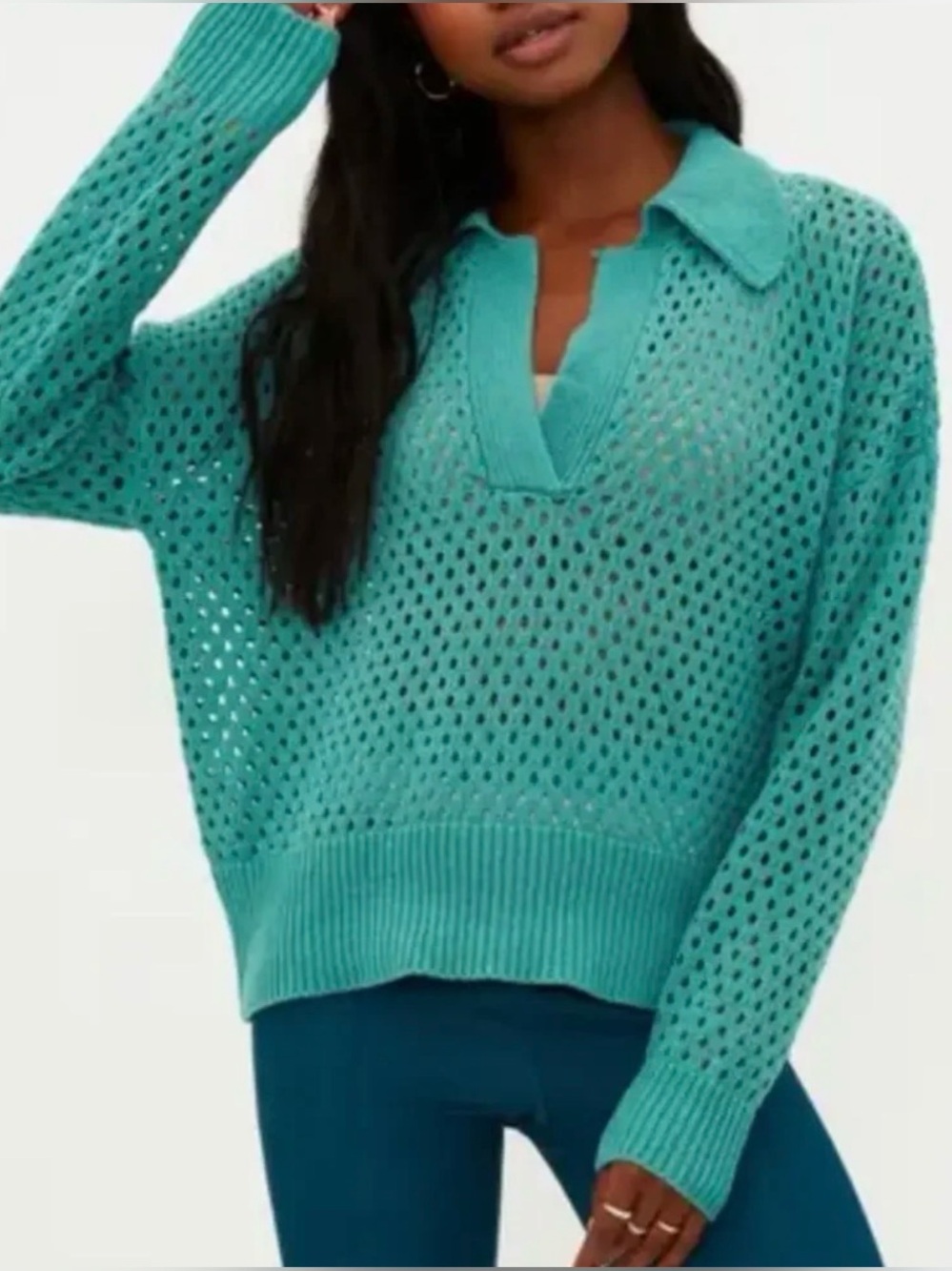 Beach Riot crochet Wynn sweater v neck pullover teal collared M